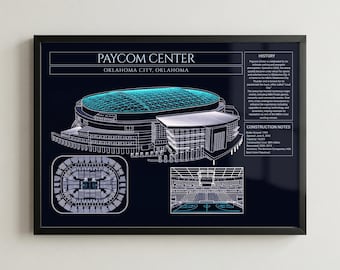 Oklahoma City Basketball Arena Blueprint Framed Print, Modern Arena Wall Art