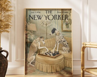 Vintage New Yorker Dogs Playing Chess Poster, Whippet Art