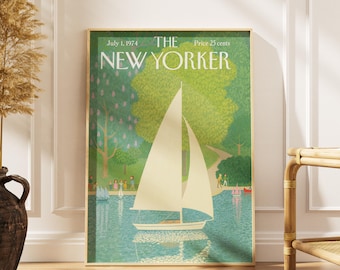 Vintage New Yorker Poster, Retro Central Park Segelboot Spring Lake Druck, NYC Bunte Park Familie Wandkunst, Mid-Century Magazin-Titelseite