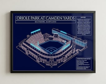 Baltimore Baseball Stadium Blueprint Framed Print, Modern Ballpark Wall Art