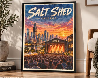 Salt Shed Chicago Poster Vintage Concert Venue Wall Art Music Lover Gift Chicago Skyline Print Retro Travel Style Illustration