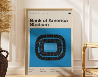 Impresión del estadio de los Carolina Panthers, arte futbolístico moderno de mediados de siglo (descarga digital)