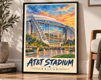 AT&T Stadium Poster | Dallas Football Stadium Art Print | Vintage Travel Style Wall Art | Texas Sports Gift | Man Cave Decor