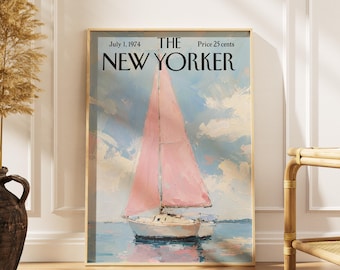 Vintage New Yorker Poster, Retro Pink Sailboat Ocean Print, Coastal Nautical Wall Art, Mid-Century Magazine Cover, Pastel Home