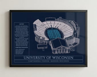 Wisconsin Football Stadium Blueprint Framed Print, College Stadium Wall Art