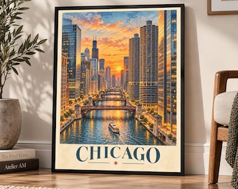 Vintage Style Chicago River Matte Vertical Poster, Retro Travel Wall Art, Illinois Cityscape Print, Office Decor, Midwest Gift