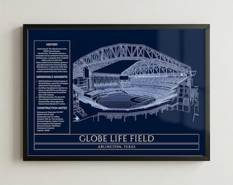 Texas Baseball Stadium Blueprint Framed Print, Modern Ballpark Wall Art