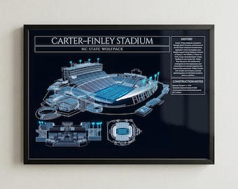Carter Finley Stadium Blueprint Framed Print, College Football Stadium Wall Art