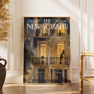 Può includere: Una stampa incorniciata della copertina della rivista The New Yorker del 1 luglio 1974, al prezzo di 25 centesimi. L'illustrazione raffigura una scena urbana notturna con un grattacielo, un edificio con finestre illuminate, un gatto nero e una persona.