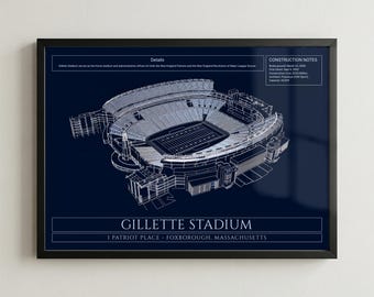 New England Football Stadium Blueprint Framed Print, Modern Stadium Wall Art