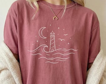 Comfort Colors® Ocean Lighthouse Tee, Moon Stars Waves Shirt, Nautical Aesthetic, Coastal Minimalist Shirt, Beach Lover Gift For Her Women