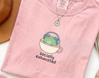 Socially Exhausted Frog Tee - Funny Comfort Colors® Shirt, Goblincore Animal Lover Gift, Cozy Tea Cup, Cozy Froggy Tee, Booklover Shirt