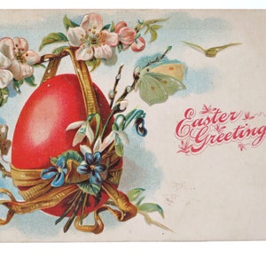 Antica Cartolina di Pasqua Tedesco 1900s Uova Rosa Farfalle Uccelli Primavera