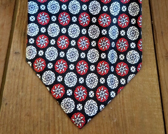 Vintage Tie Navy Blue Red Medallion Print Wide Necktie
