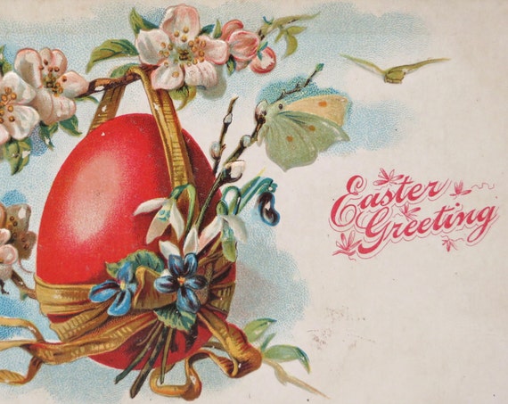 Antique Easter Postcard German 1900s Pink Egg Butterflies Birds Spring