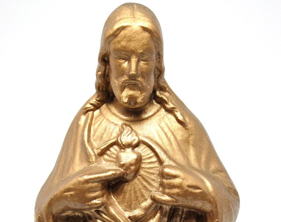 Vintage Chalkware Jesus Gold Religious Idol Scared Heart Catholic Statuary Christ Icon Figurine
