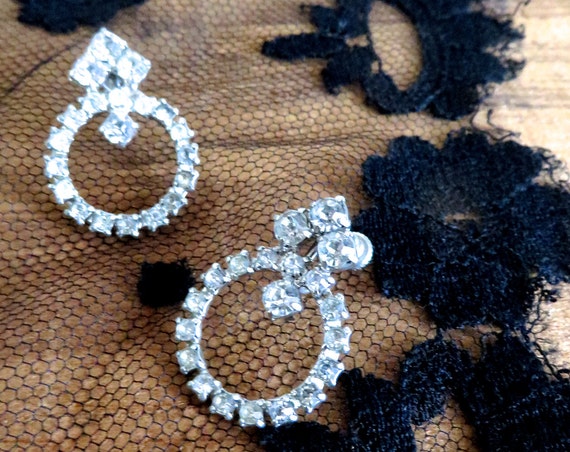 Rhinestone Earrings Vintage Hoops Crystal Wedding Jewelry Screw back Earrings 1960s