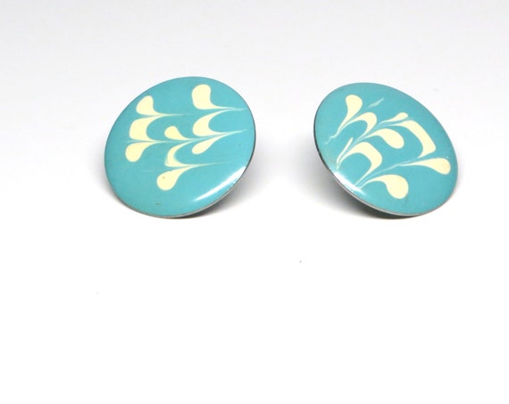 Vintage Earrings Aqua Blue Cream Enameled Swirl