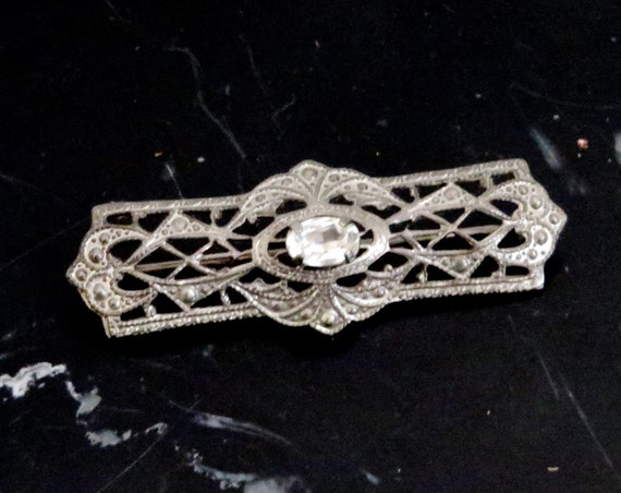 Sterling Brooch Victorian Style Vintage Bar Pin Filigree Faux Diamond 1980s