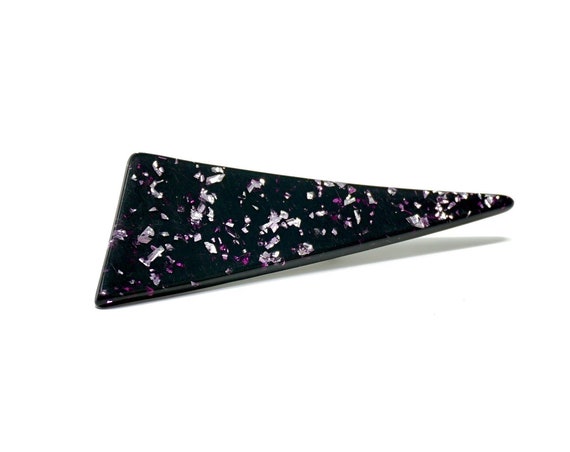 Vintage Lucite Confetti Pin Atomic Triangular Brooch Deep Purple Black Silver Glitter 1950s Rare Costume Jewelry