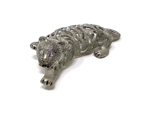Vintage Tiger Brooch Marcasite Silver Wildcat Pin Aurora Borealis Crystal Eyes Spine Jungle Cat Costume Jewelry 1980s Art Deco Large Brooch