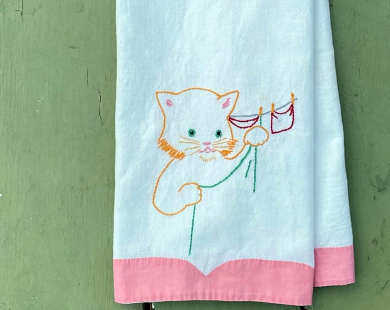 Vintage Tea Towel Kitty Orange Flour Sack Linen Stitched Motif Guest Towel White Pink Trim Hand Chain Stitched Cat Hanging Laundry Dishtowel
