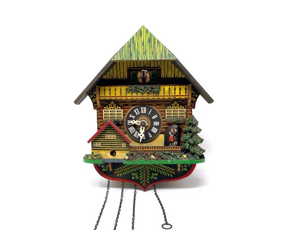 Vintage Cuckoo Clock 60s Woodland Chalet House Germany Not in Working Order For Repair or Decor With Cuckoo Bird German Couple Bavarian