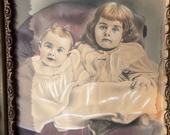 Antique Portrait Spooky Children Edwardian Framed Charcoal Drawing Baby Toddler Frame Gilt Gesso Wood Large OOAK Gothic Haunted Photo AS IS
