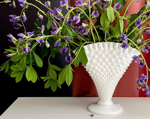 Vintage Milk Glass Vase White Fenton Hobnail Fan Crimped Edge Flared Vase Pedestal Base For Wedding Display For Mantel Narrow Width