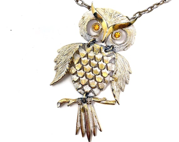 Vintage Owl Necklace Gold Toned Huge Hoot Owl Hinged Pendant 3 Sections White Owl Painted Textured Metal with Yellow Crystal Eyes Long Chain