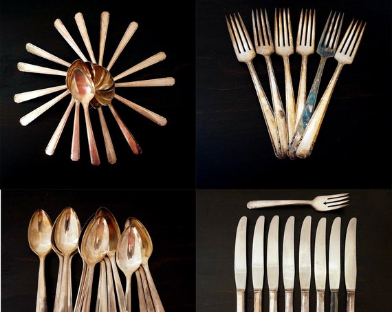 Vintage Elaine Tudor Silverware 1920s Oneida Community Silver Plated Service Ware Set 41 pieces Stainless Steel Blade Knives Hollow Handles