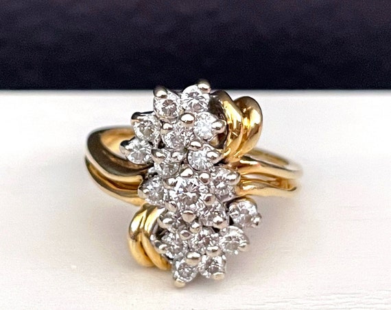 Diamond Cluster Ring 19 Diamonds Round Cut 14 Karat Setting Yellow Gold Double Band H-I White Diamond Weight .96 Carat 90s Bock Fine Jewelry