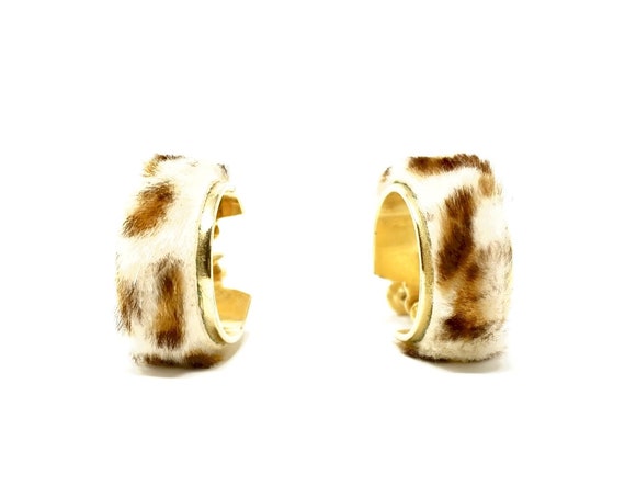 Vintage Earrings Leopard Fur Hoops Gold Toned Screw Back Wide Hoop Earring Covered in Faux Leopard Printed Rabbit Fur 1960s