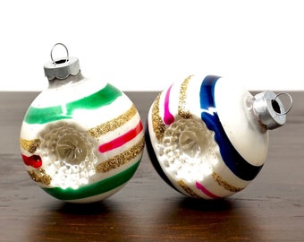 Vintage Ornaments White Glass Balls Indent Striped Gold Glitter Bright Pink Blue and Green Red Stripes Pearly White Balls 1960s Trim