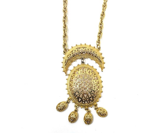 Vintage Gold Necklace Large Pendant Crescent Moon 1960s Lisner Costume Jewelry Filigree Look Medallion Gold Toned Long Chain Mid Century