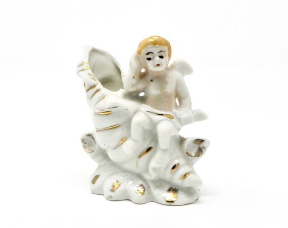 Vintage Cherub with Shell Tiny Vase Ceramic White with Gold Blonde Cupid Figurine