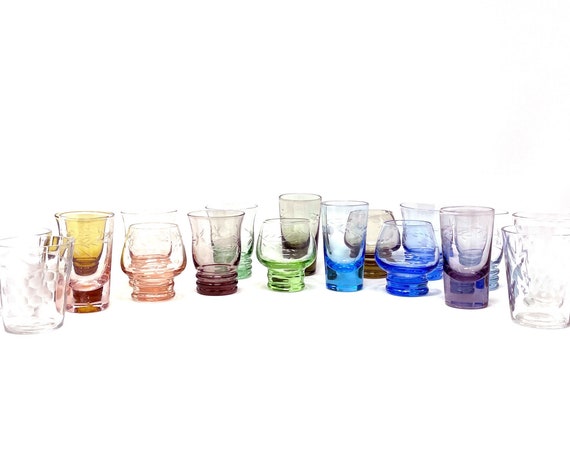 Vintage Shot Glass Lot Etched Glassware Tiny Colorful and Clear Shot Glasses Mid Century Cordials Retro Barware Instant Collection of 18