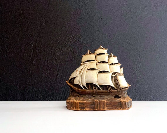 Vintage Ship Chalkware Figurine Nautical Bookend Small Tall Ship with Sails Hole for Use as Pen Holder