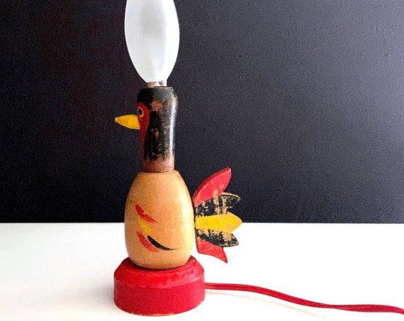 Vintage Turkey Lamp Wood Handmade Bird Light Candelabra Bulb OOAK Kitsch Night Light Hand Painted Red Black Yellow