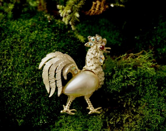 Vintage Rooster Brooch Aurora Borealis Crystal Encrusted Cock Pin Gold Toned 1960s Costume Jewelry Chicken Egg Faux Pearl Body Red Gem Eye
