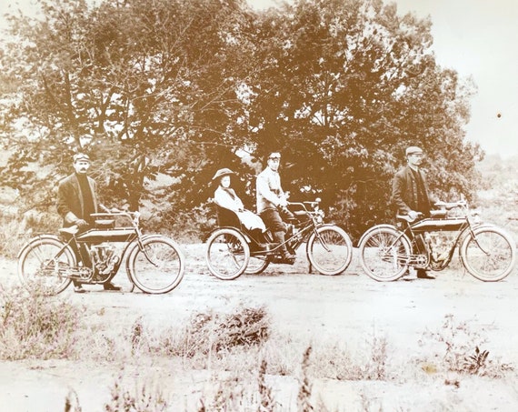 Antique Photo Motorcycle Early Indian Motorcyclists 1910s Large 11 x 14 Sepia Photo 1909 Indian Light Twin Cycle Men Girl in Sidecar Vermont