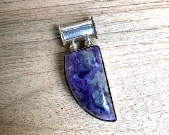 Vintage Purple Stone Pendant Charoite Silver Set Triangular Necklace Ultra Violet Grey Veining Semi-Precious Gemstone Jewelry Transformation