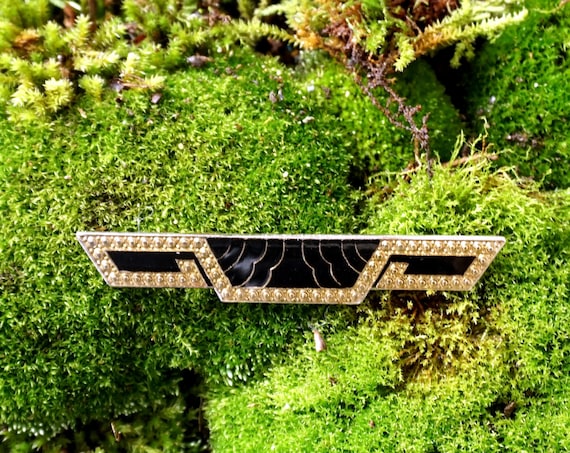 Vintage Bar Pin Art Deco Revival 1980s Pierre Bex Style Enamel Brooch Black Gold 80s does 20s Era Replica Costume Jewelry Pin Flapper Style
