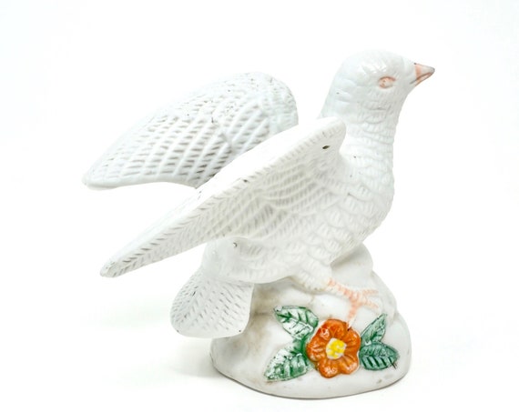 Vintage White Dove Figurine Bisque Porcelain White Bird on Rock with Orange Flower Distressed Porcelain Peace Bird Figurine