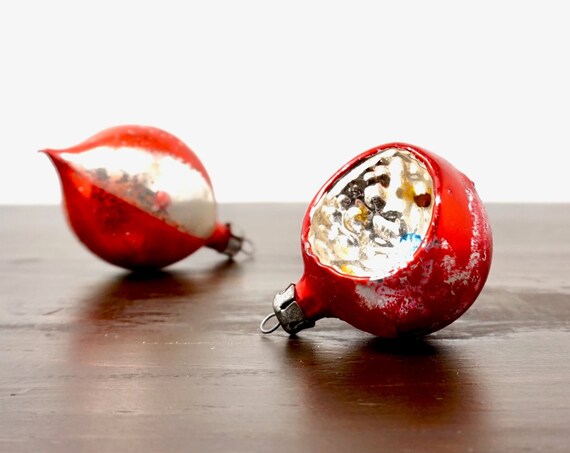 Vintage Polish Christmas Ornaments Red Teardrop Small Indent Ball Silvered Red with Glitter Silver Blue Interior 1940s Mercury Glass Style