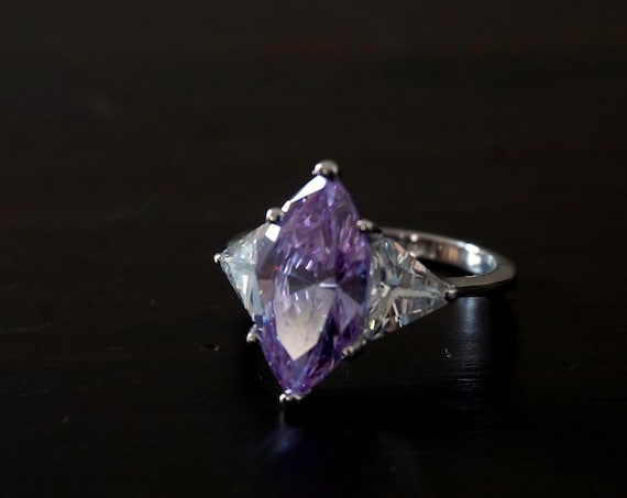 Vintage Purple Ring Violet Cubic Zirconia Marquise Cut Flanked By Triangle Cut Clear Cubic Zirconia Faux Diamonds Silver Thin Band Size 8
