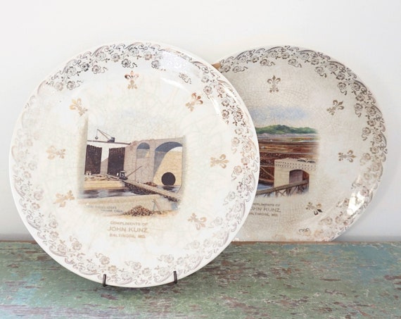 Antique Panama Canal Plates Building of Gaton Dam Pedro Miguel Locks Transfer Ceramic Dishes Ornate Gold Rim John Kunz Baltimore Rare 1920s