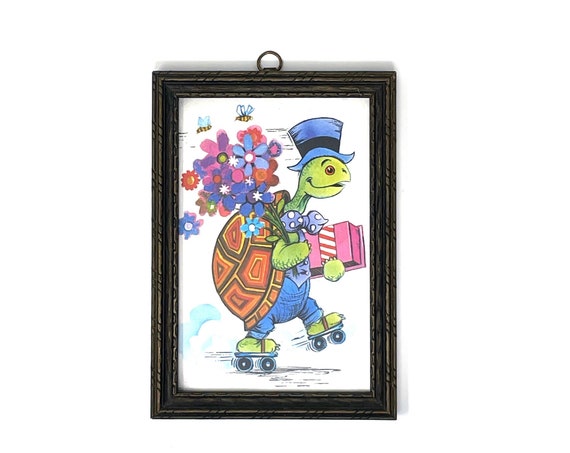 Vintage Framed Turtle Roller Skating Illustration 1970s Kitsch Print Turtle with Gifts Flowers Tortoise Cartoon Card in Frame