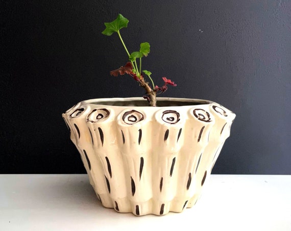 Vintage Planter Bamboo Ceramic Plant Pot Off White Brown Tiki Look Hand Painted Pottery Glenview Mold