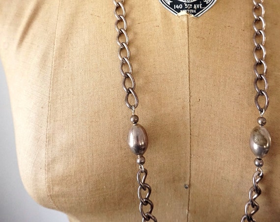Vintage Silver Chain Necklace Silver Beads Hollow Oblong Shape Large Links Twisted Necklace 31” Length Long Chain Silver Jewelry with Patina
